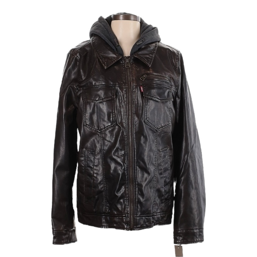 Levi’s Sherpa Lined Faux Leather Trucker Jacket Brown Hoodie Insert NWT Size S